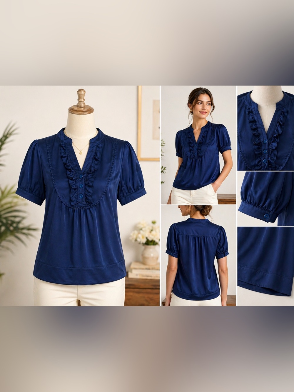Worthington Navy Ruffle V-Neck Short Sleeve Blouse